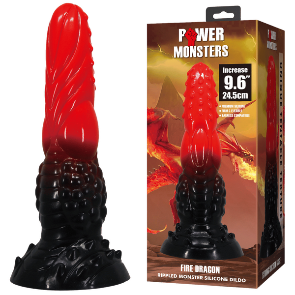 Power Monsters Fire Dragon 9.6" Rippled Monster Silicone Fantasy Dildo