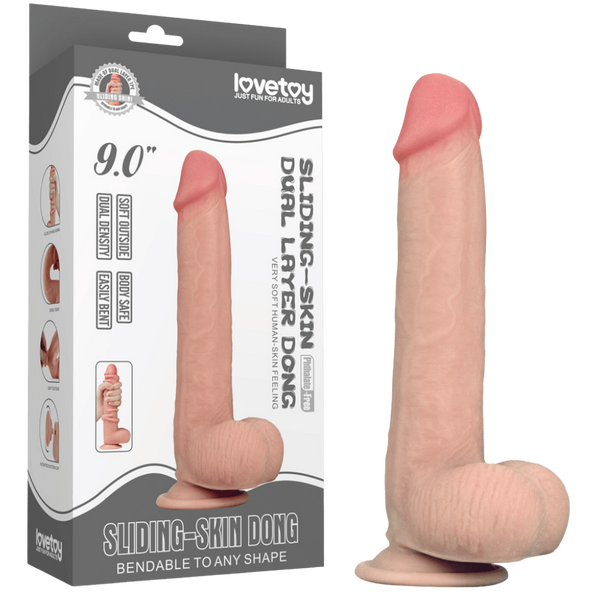 Lovetoy 9" Sliding Skin Dual Layer Dong (Flesh)