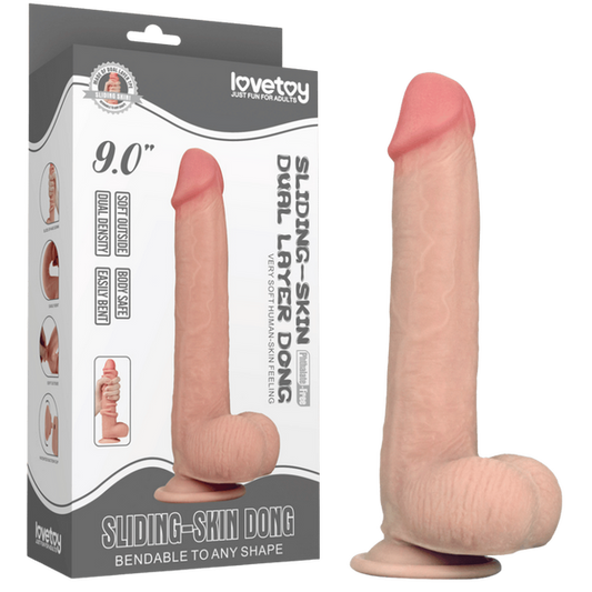 Lovetoy 9" Sliding Skin Dual Layer Dong (Flesh)