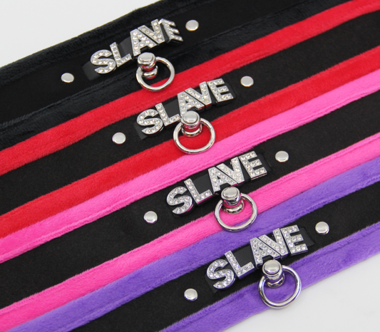 Love In Leather 'SLAVE' Diamanté Word Soft & Fluffy Collar