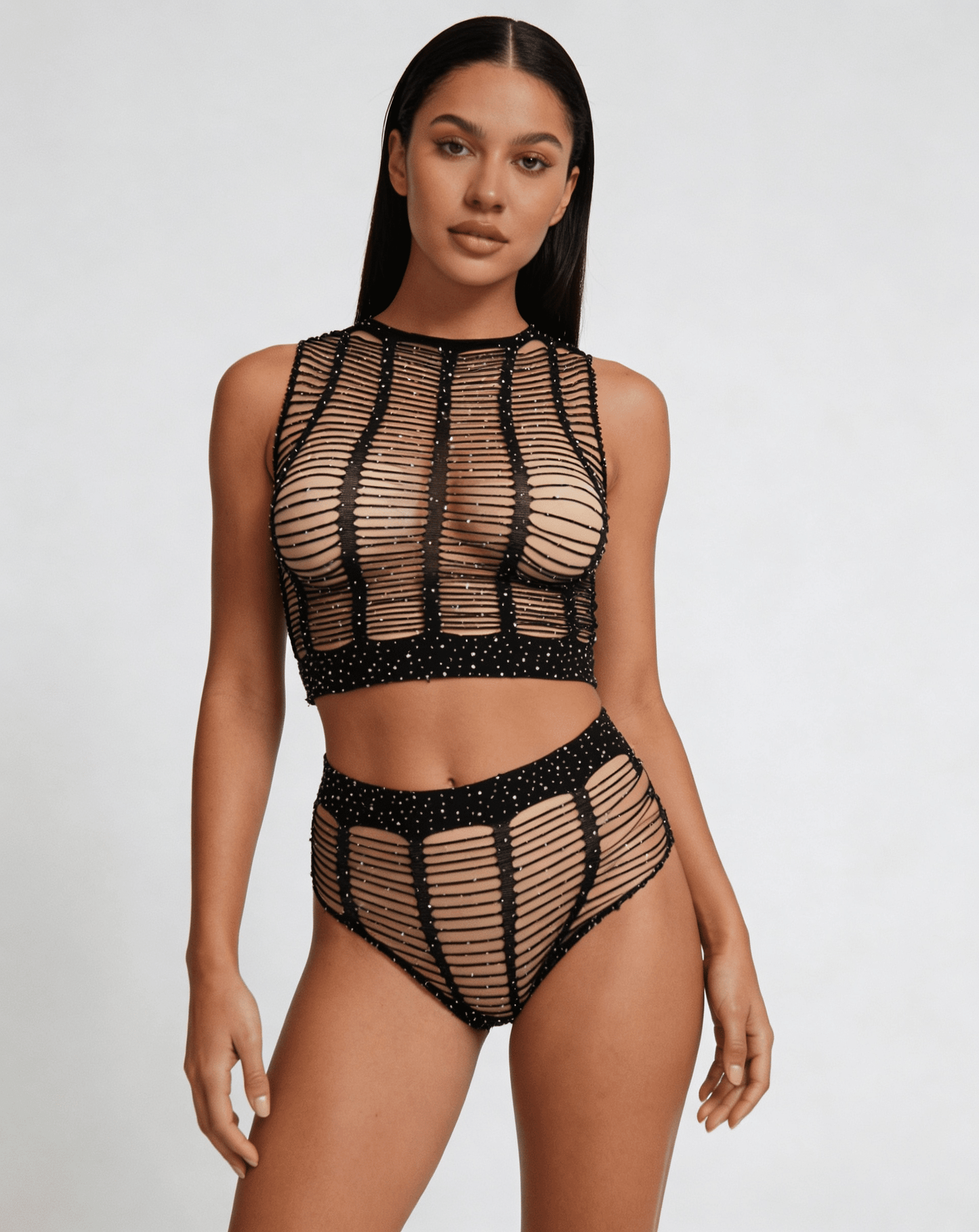 Love In Leather LIN010 Rhinestone Two Piece Set One Size