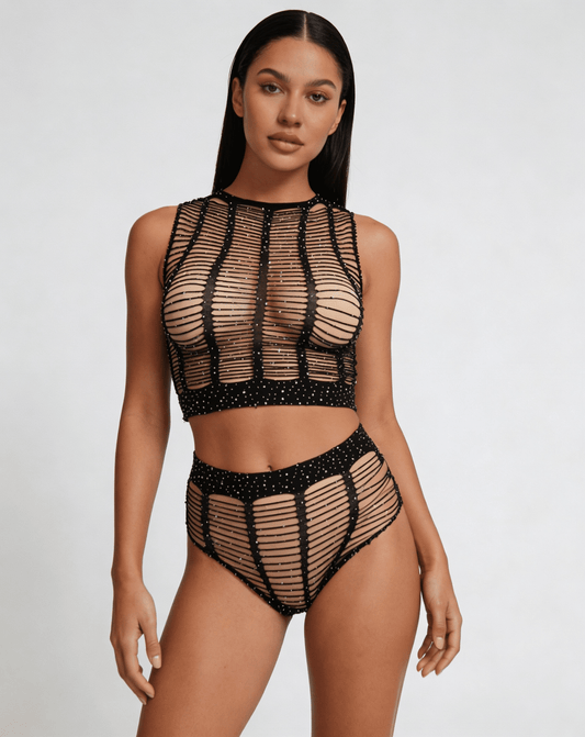Love In Leather LIN010 Rhinestone Two Piece Set One Size