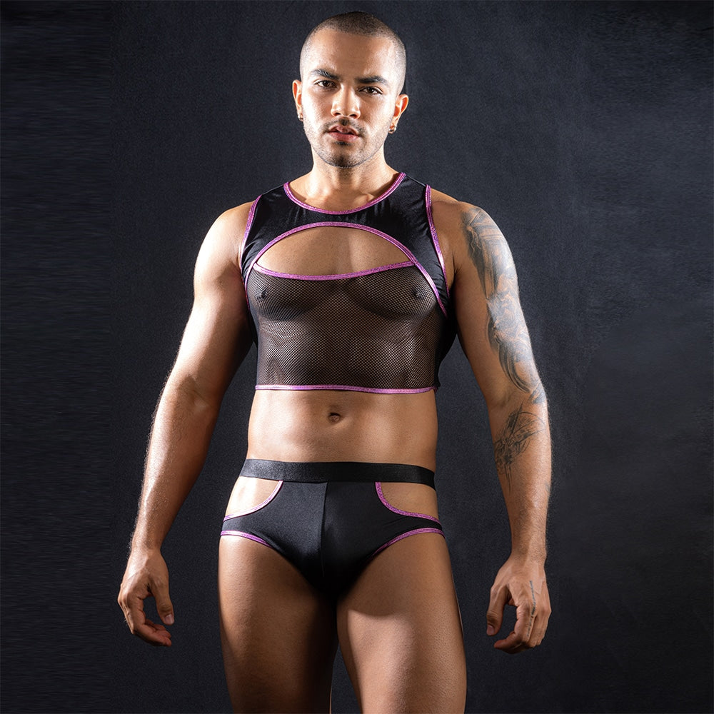 Love In Leather LIN163 Mens Sleeveless Top & Trunks With Cut Outs One Size