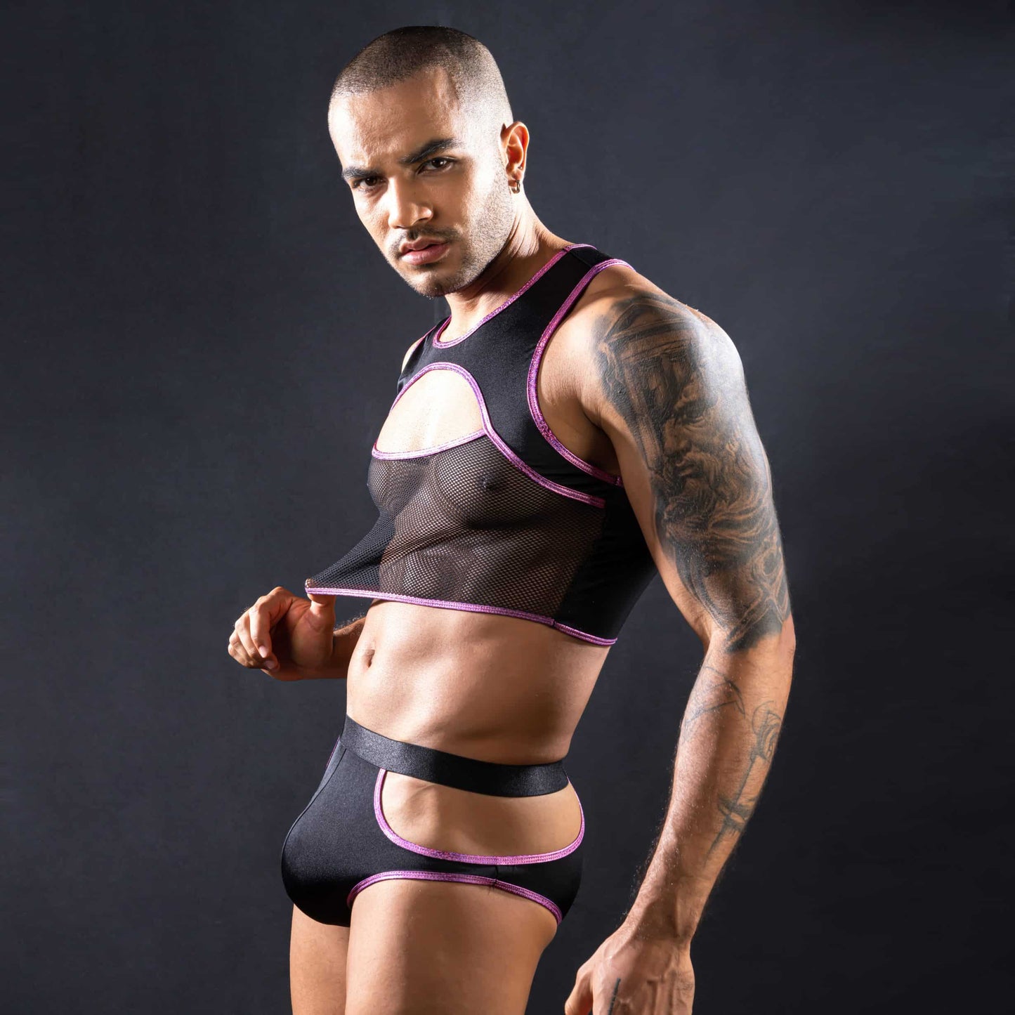 Love In Leather LIN163 Mens Sleeveless Top & Trunks With Cut Outs One Size