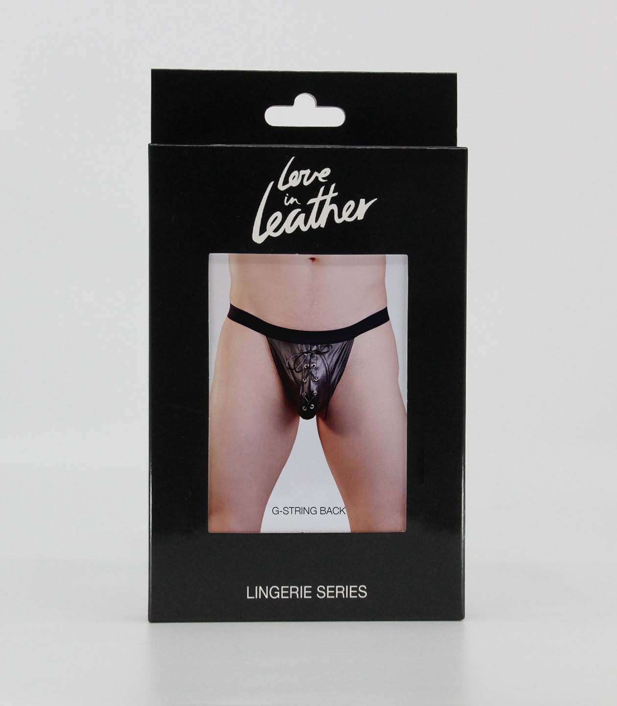 Love In Leather Mens Wet Look G-String With Lace Up Detail Black Size S/M or L/XL