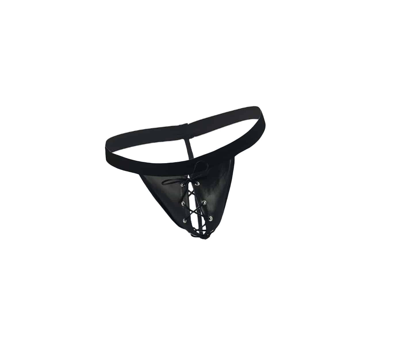 Love In Leather Mens Wet Look G-String With Lace Up Detail Black Size S/M or L/XL