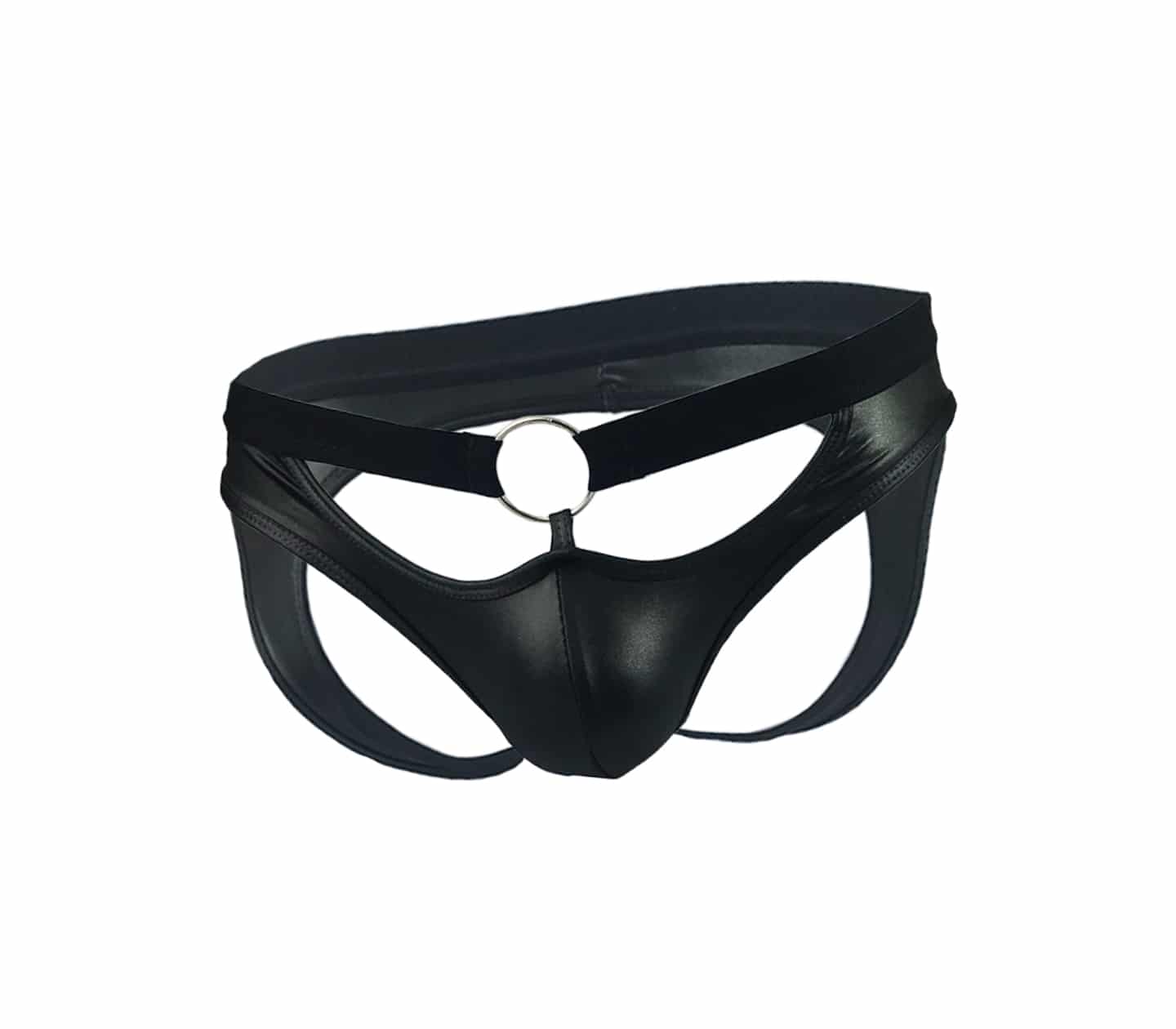 Love In Leather Mens Wet Look Jock Strap Style Cut Outs And Ring Details Black Size S/M or L/XL
