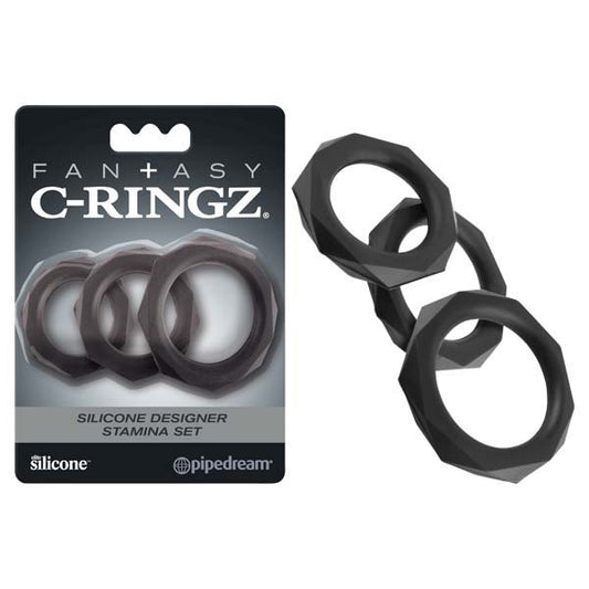 Pipedream Fantasy C-Ringz Silicone Designer Stamina Set - Black Cock Rings - Set of 3 Sizes