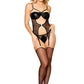 Dreamgirl Stretch Faux-Leather and Sheer Lace Garte Slip and G-string Set Black Size OS