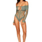 Dreamgirl Seamless Long Sleeve Teddy with Removeable Gold Halter Chain Sage Size OS