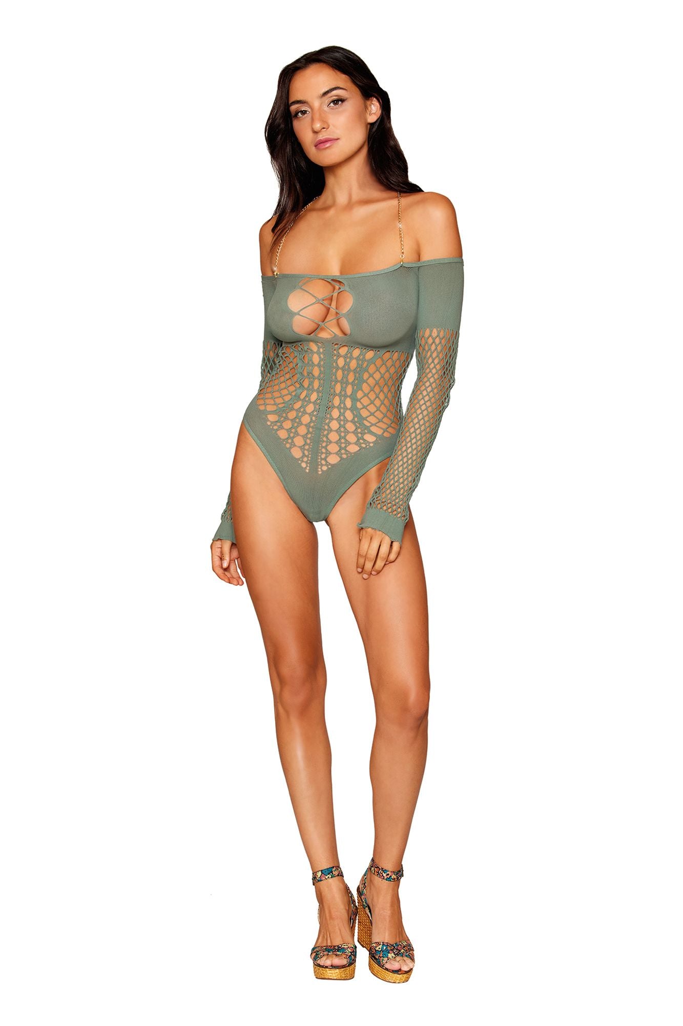 Dreamgirl Seamless Long Sleeve Teddy with Removeable Gold Halter Chain Sage Size OS