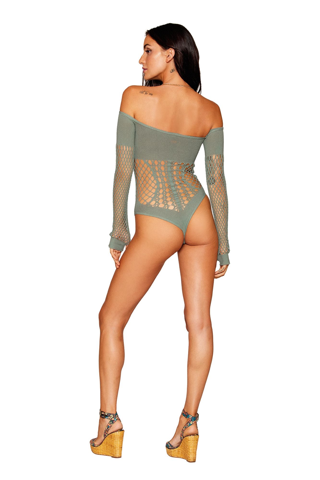 Dreamgirl Seamless Long Sleeve Teddy with Removeable Gold Halter Chain Sage Size OS