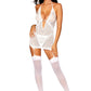Dreamgirl Mixed Pattern Mesh and Scalloped Edge Lace Garter Slip and G-string Set White Size OS