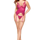 Dreamgirl Floral Lace and Mesh Bustier and G-string Set Beet Size OS
