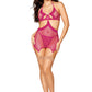 Dreamgirl Fishnet and Scalloped Lace Trim Garter Slip and G-string Set Beet Size OS